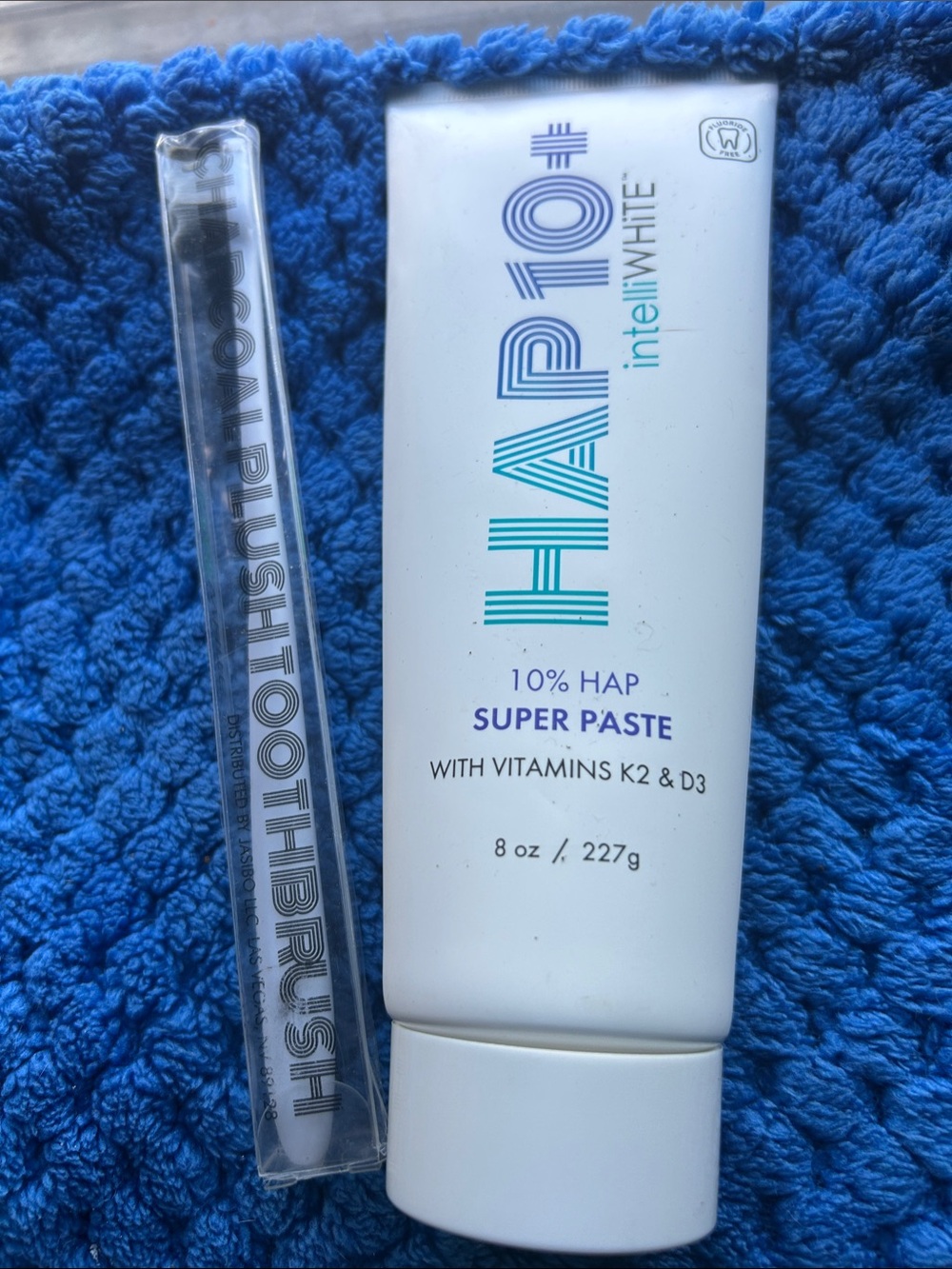 intelliWHiTE HAP 10+ SUPER PASTE 8oz JUMBO Tube AND Charcoal Plush Toothbrush